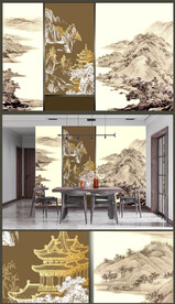 高清中式山水轻奢简约金线阁楼	
