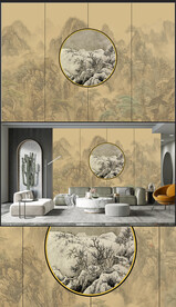 新中式轻奢楼阁山水原创背景壁画