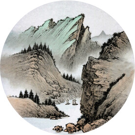 原创新中式水墨圆形山水玄关茶室