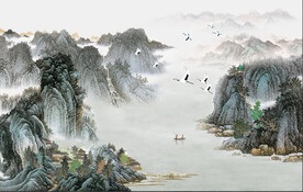 原创新中式轻奢楼阁山水背景轻奢