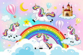 梦幻城堡卡通彩虹独角兽气球背景