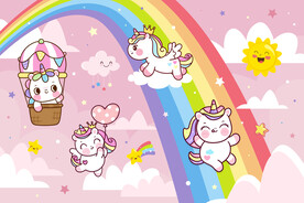 粉色天空卡通彩虹独角兽星空背景