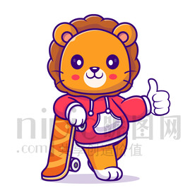 可爱卡通玩滑板的狮子