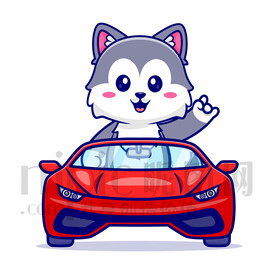 可爱卡通坐汽车的狼狗