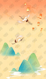 中国风古风国潮山水仙鹤插画