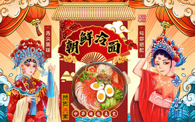 国潮朝鲜冷面美食工装背景墙