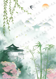 古风中国风亭台楼阁竹子山水画