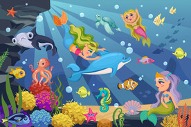 梦幻海底世界卡通海豚美人鱼背景