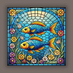 教堂蒂凡尼彩晶玻璃彩鱼装饰图案
