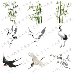 国风国潮水墨竹子仙鹤梅花