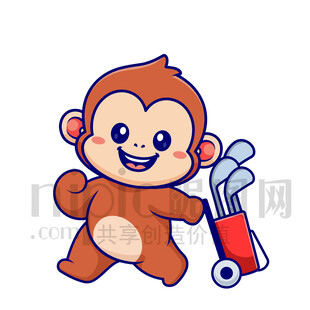 可爱卡通打高尔夫球的猴子