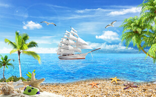 蓝天白云椰树大海背景墙