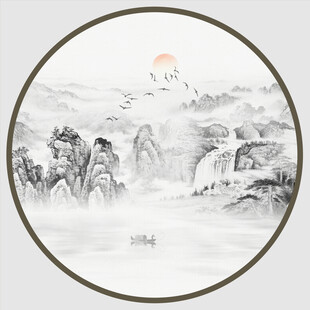 圆形水墨山水画