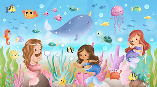 可爱美人鱼卡通鲸鱼海底动物背景