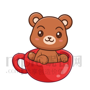 小熊惬意地坐在红杯子里