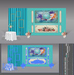 欧式宫廷油画花T蓝纱幔迎宾背景