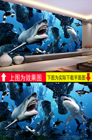 鲨鱼3D唯美背景墙壁画