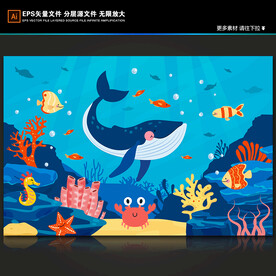 蓝色卡通海底世界海豚珊瑚背景墙
