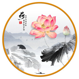 圆形画荷花