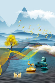 中式石来运转轻奢麋鹿抽象装饰画