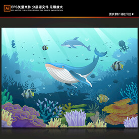 梦幻海底世界卡通鲨鱼珊瑚背景墙