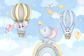 卡通小动物热气球天空云朵背景墙