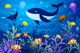 卡通鲸鱼海底世界热带鱼珊瑚背景