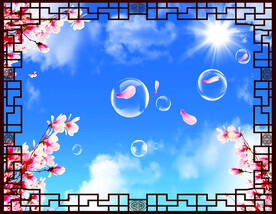 中式边框蓝天白云软膜天花