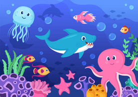 卡通鲨鱼珊瑚热带鱼海洋动物背景