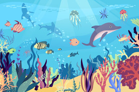 卡通海豚珊瑚热带鱼海洋动物背景