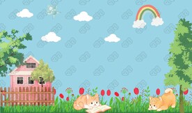 蓝天白云草地上的可爱小猫小狗