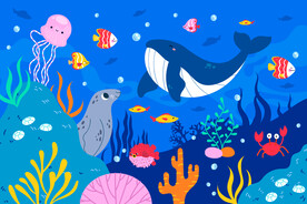 卡通鲸鱼手绘海底动物热带鱼背景