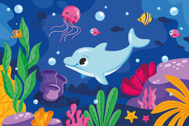 海底世界卡通海豚珊瑚热带鱼背景