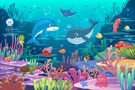 卡通海豚海底鲸鱼珊瑚水族馆背景