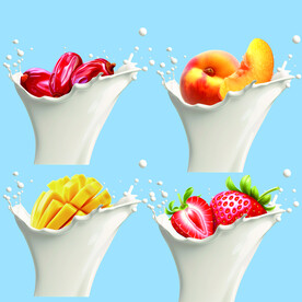 四款红枣黄桃芒果草莓奶花飞溅