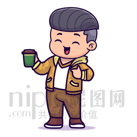 可爱卡通人物男孩喝奶茶咖啡
