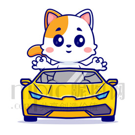 可爱卡通坐小汽车的小猫咪