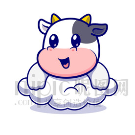 可爱卡通趴在云朵上的奶牛
