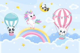 卡通彩虹独角兽可爱熊猫气球背景