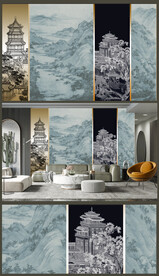 新中式楼阁山水背景轻奢壁画	 