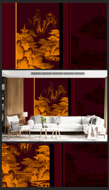 新中式轻奢楼阁山水背景壁画