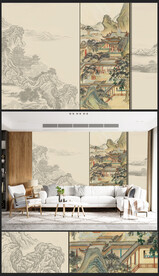 原创新中式轻奢楼阁山水背景壁画