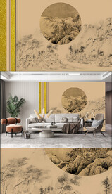 高端壁画 新中式楼阁 山背景