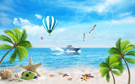 蓝天白云大海沙滩背景墙