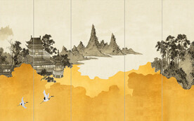 新中式轻奢楼阁山水背景轻奢壁画