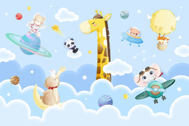 可爱长颈鹿卡通动物太空星球背景