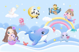 可爱美人鱼海豚卡通动物星空背景