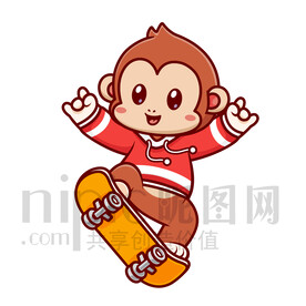 可爱卡通玩滑板的猴子