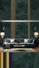 新中式轻奢楼阁山水背景轻奢壁画