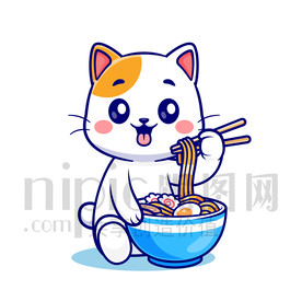 可爱卡通吃面的猫咪